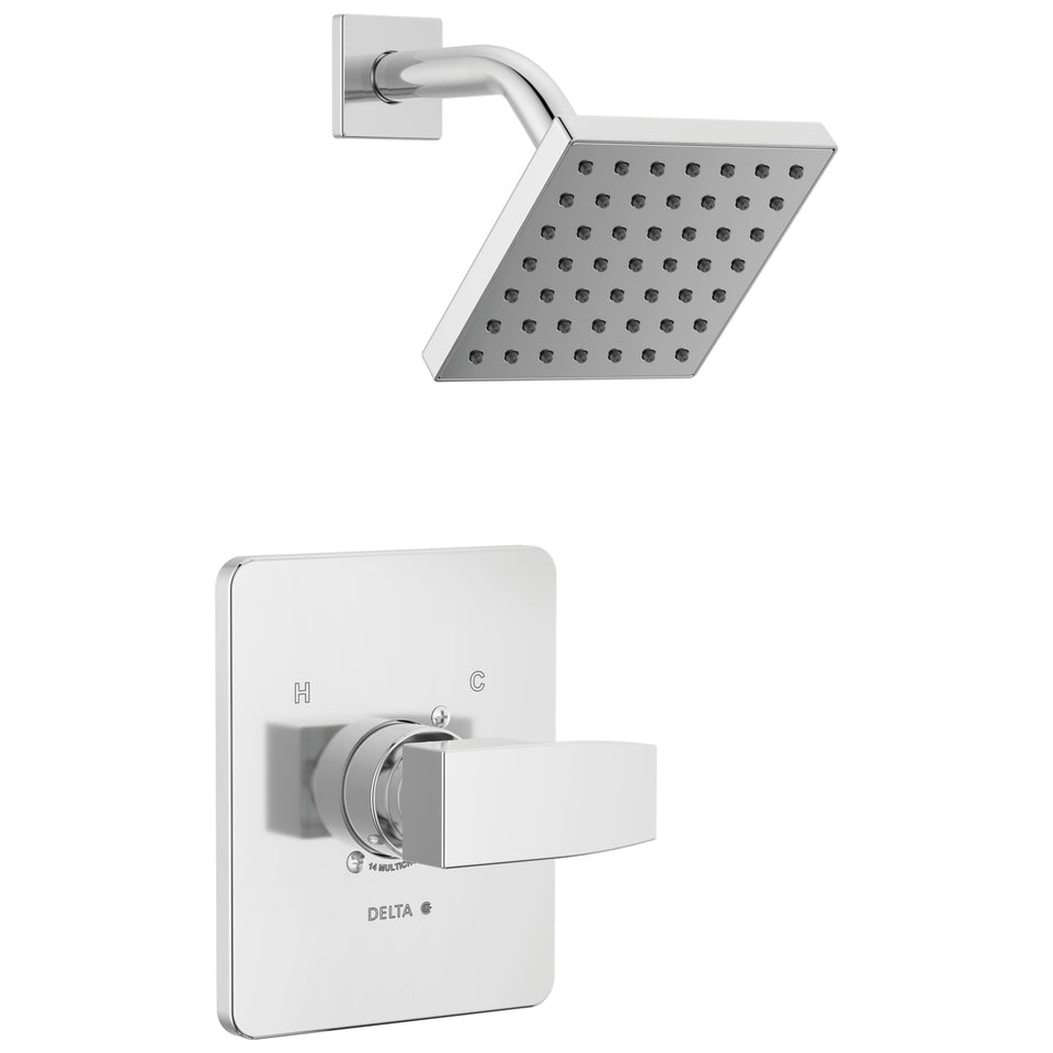 Delta Modern 14 Series shower head in chrome finish for durable, easy-to-clean surface.