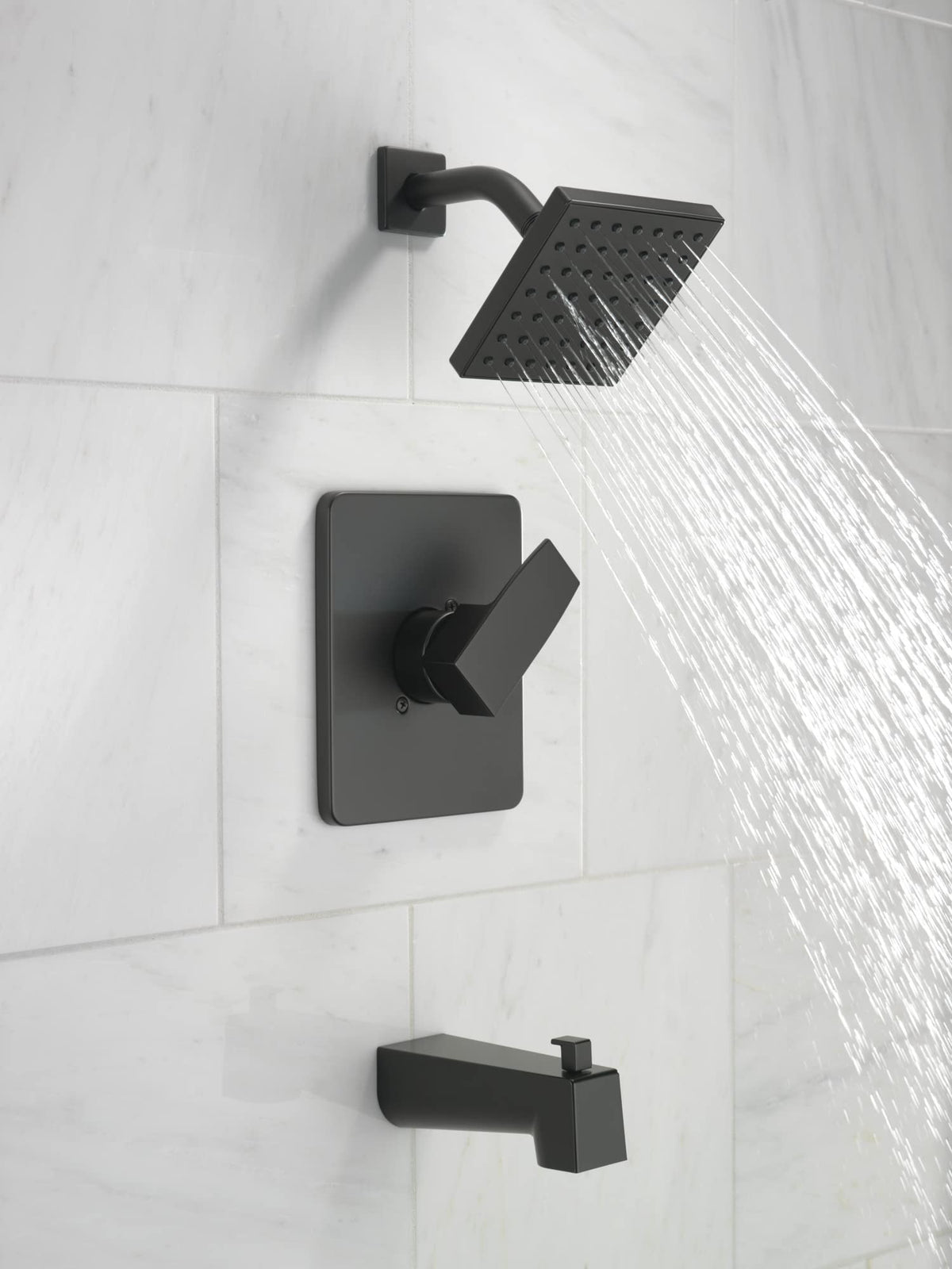 Delta Modern 14 Series square tub/shower faucet set polished handle with matte black finish