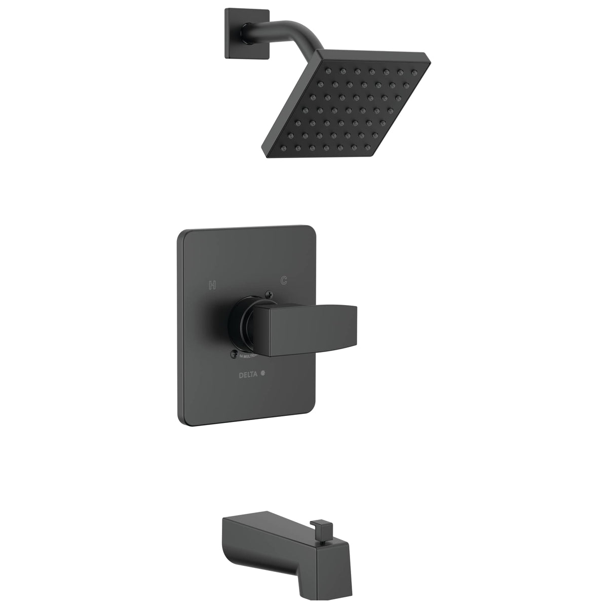 Delta Modern 14 Series square tub/shower faucet set shower head delivers powerful, refreshing spray