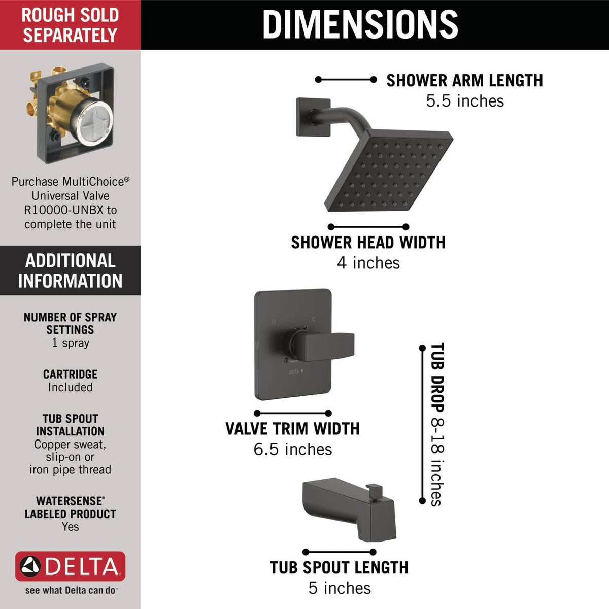Delta Modern 14 Series square tub/shower faucet set valve trim showcases clean lines