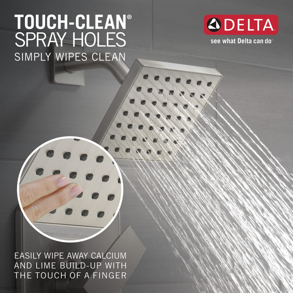 Delta Modern 14 square bath set brushed nickel finish close-up shows corrosion-resistant coating.