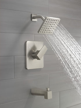 Delta Modern 14 square bath set brushed nickel handle provides precise temperature and flow control.