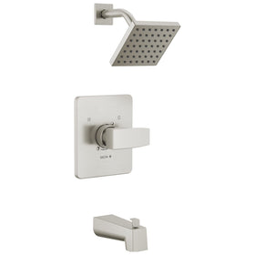 Delta Modern 14 square bath set with brushed nickel shower head offers consistent pressure.