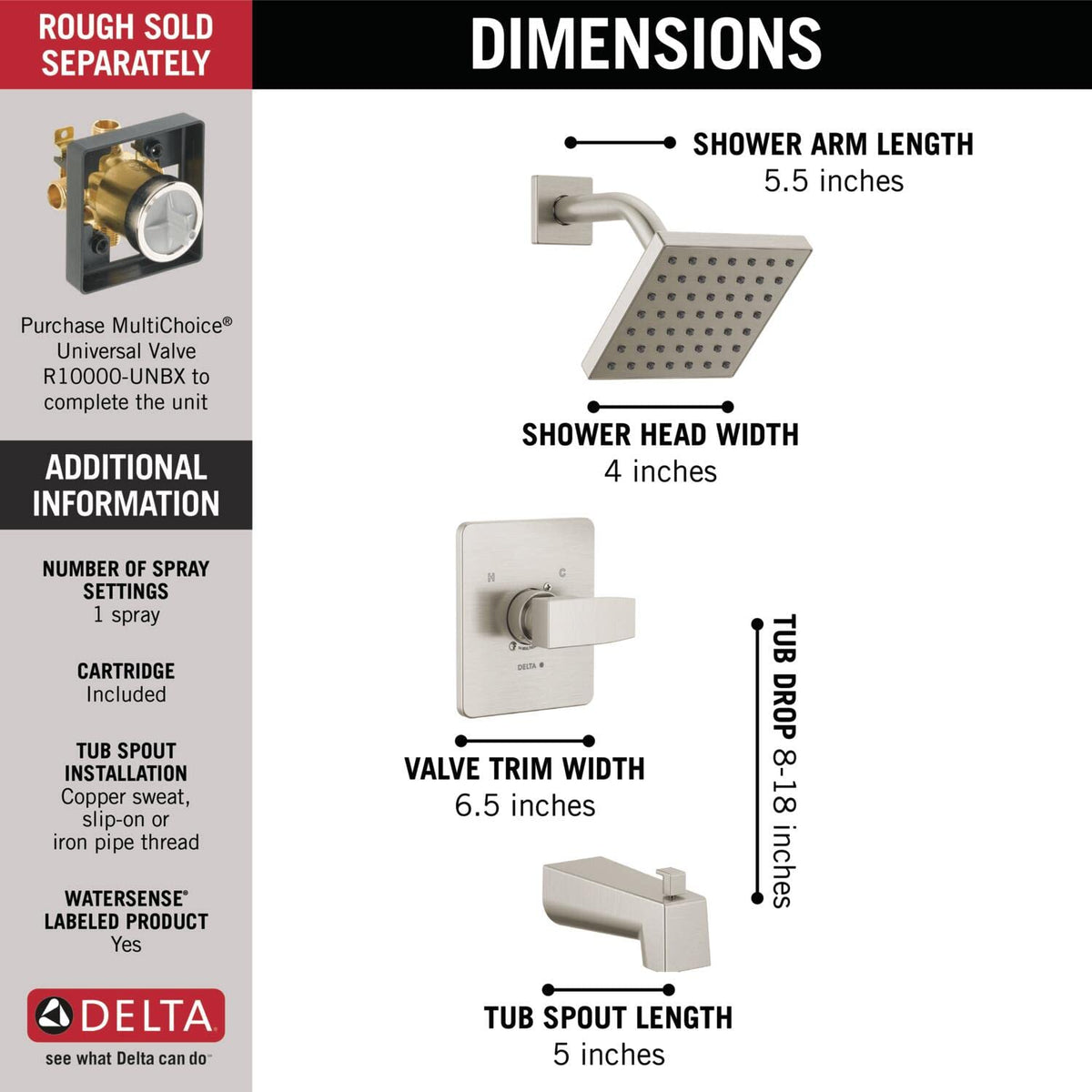 Delta Modern 14 square bath set brushed nickel valve trim demonstrates modern design and easy compatibility.