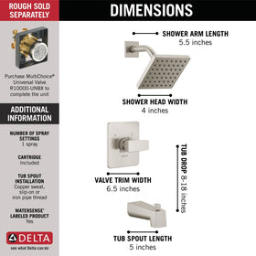 Delta Modern 14 square bath set brushed nickel valve trim demonstrates modern design and easy compatibility.