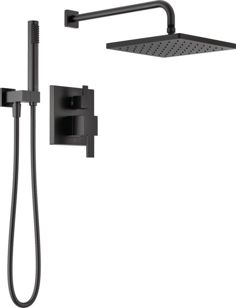 Delta Modern 14 square rain shower head in matte black delivering spa-like rainfall