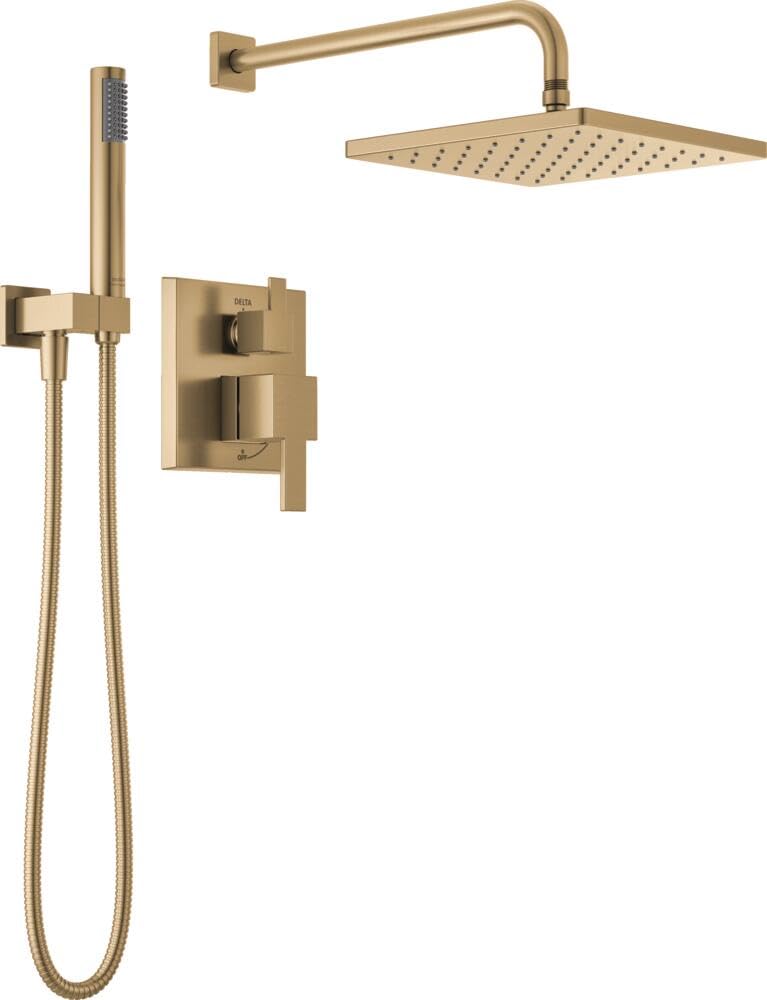 Delta Modern 14 rainhead in champagne bronze delivers a spa-like rainfall.