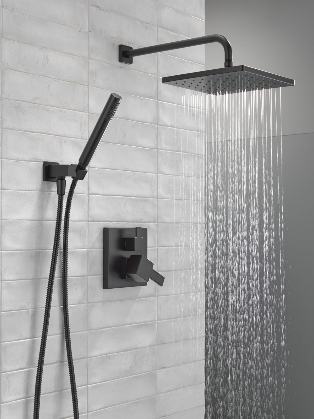 Delta Modern 14 square shower arm complements matte black finish
