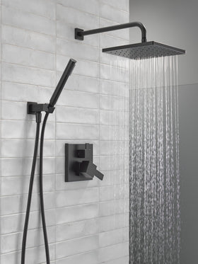 Delta Modern 14 square shower arm complements matte black finish