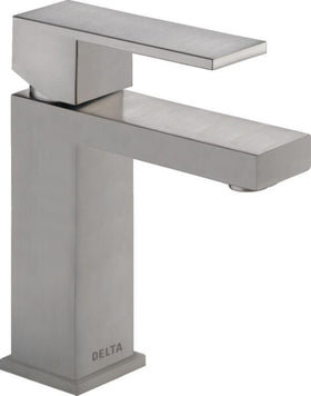 Delta Modern Brushed Nickel faucet viewed at an angle, showing sleek profile and durable finish