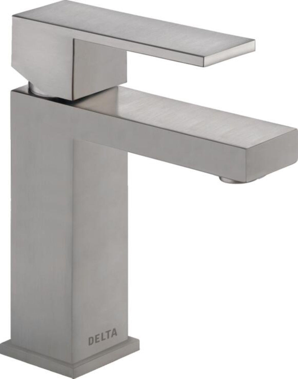 Delta Modern Brushed Nickel faucet viewed at an angle, showing sleek profile and durable finish
