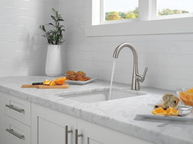 Delta modern brushed-nickel single-hole installation for streamlined prep sink setup