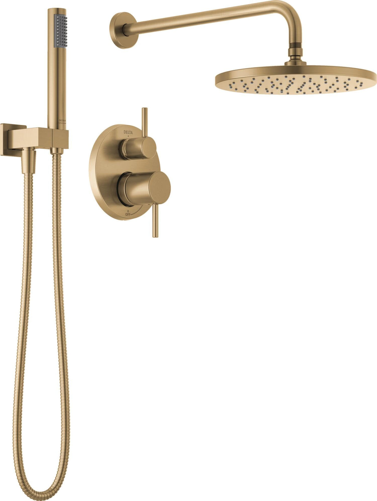 Delta Modern rain shower head in champagne bronze delivers spa-like rainfall