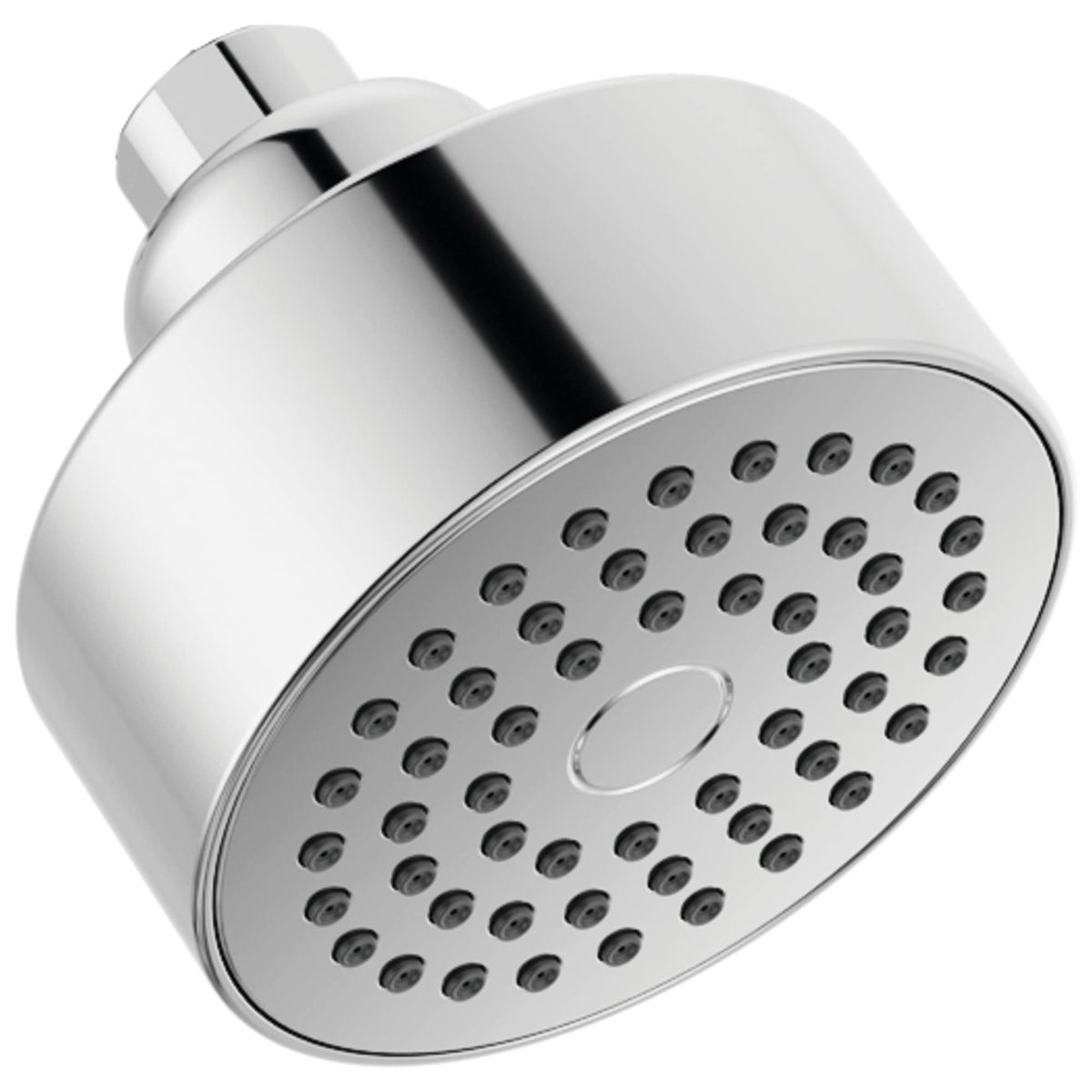 Delta Modern shower head front view with chrome finish and streamlined design.