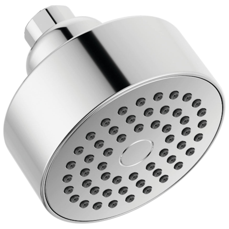 Delta Modern shower head front view with chrome finish and streamlined design.