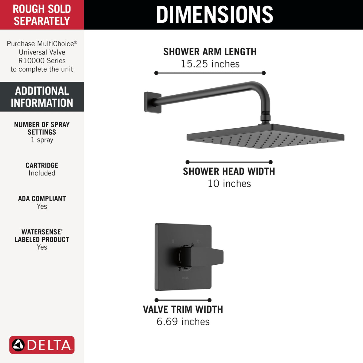 Delta Monitor pressure-balanced valve maintains consistent temperature during showers.