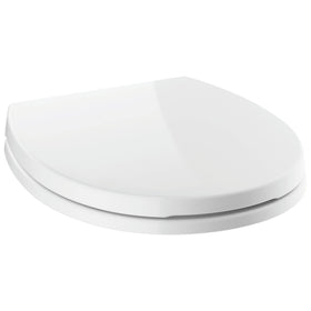 DELTA Morgan round-front white toilet seat with quiet closing for stable seating.