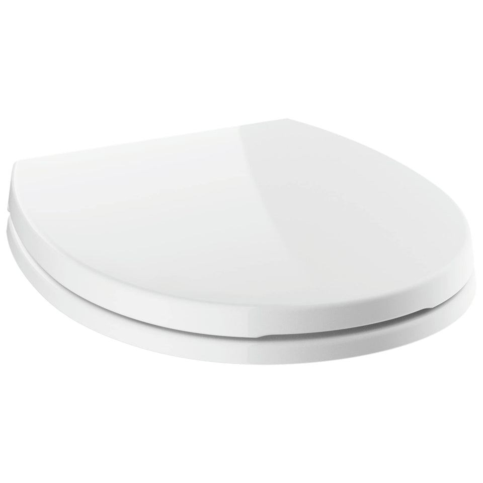 DELTA Morgan round-front white toilet seat with quiet closing for stable seating.