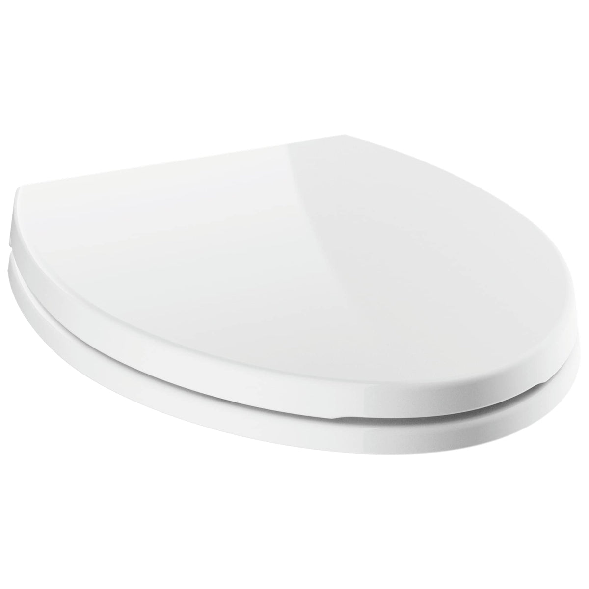 Delta Morgan slow-close elongated seat in white, front view helps prevent slams.