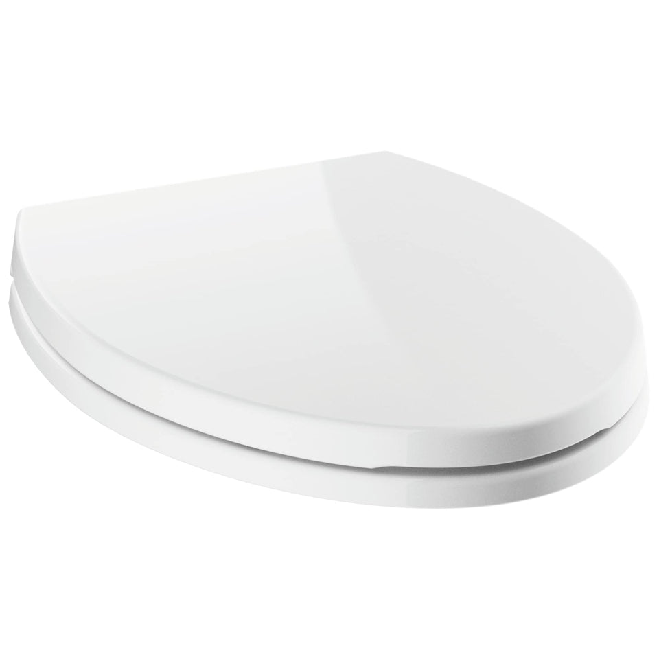 Delta Morgan slow-close elongated seat in white, front view helps prevent slams.