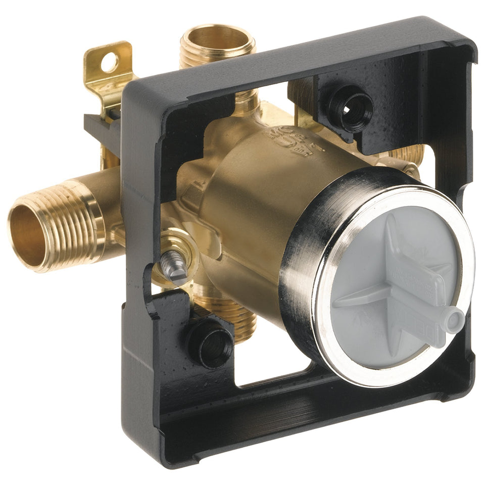Delta MultiChoice valve body rough-in showing universal connections for flexible plumbing.