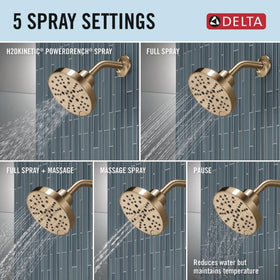 Delta Nicoli 14 Series H2Okinetic spray in Brushed Gold delivers fuller coverage.