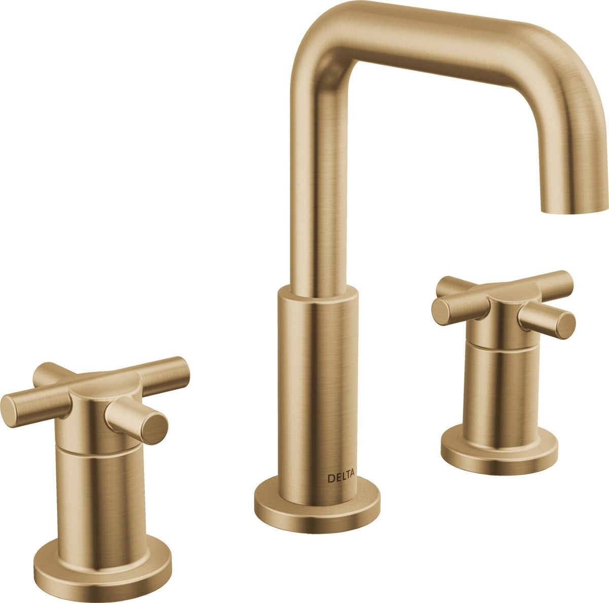 Delta Nicoli brushed-gold faucet—8-inch widespread view, ideal upgrade for a modern bath.