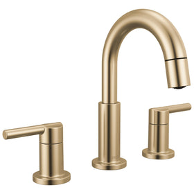 Delta Nicoli brushed gold faucet front view shows modern style and durability.