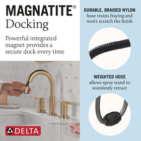 Delta Nicoli brushed gold faucet pull-down sprayer demonstrates versatile cleaning.