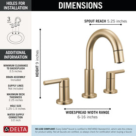 Delta Nicoli brushed gold faucet push-pop drain enables quick cleaning access.