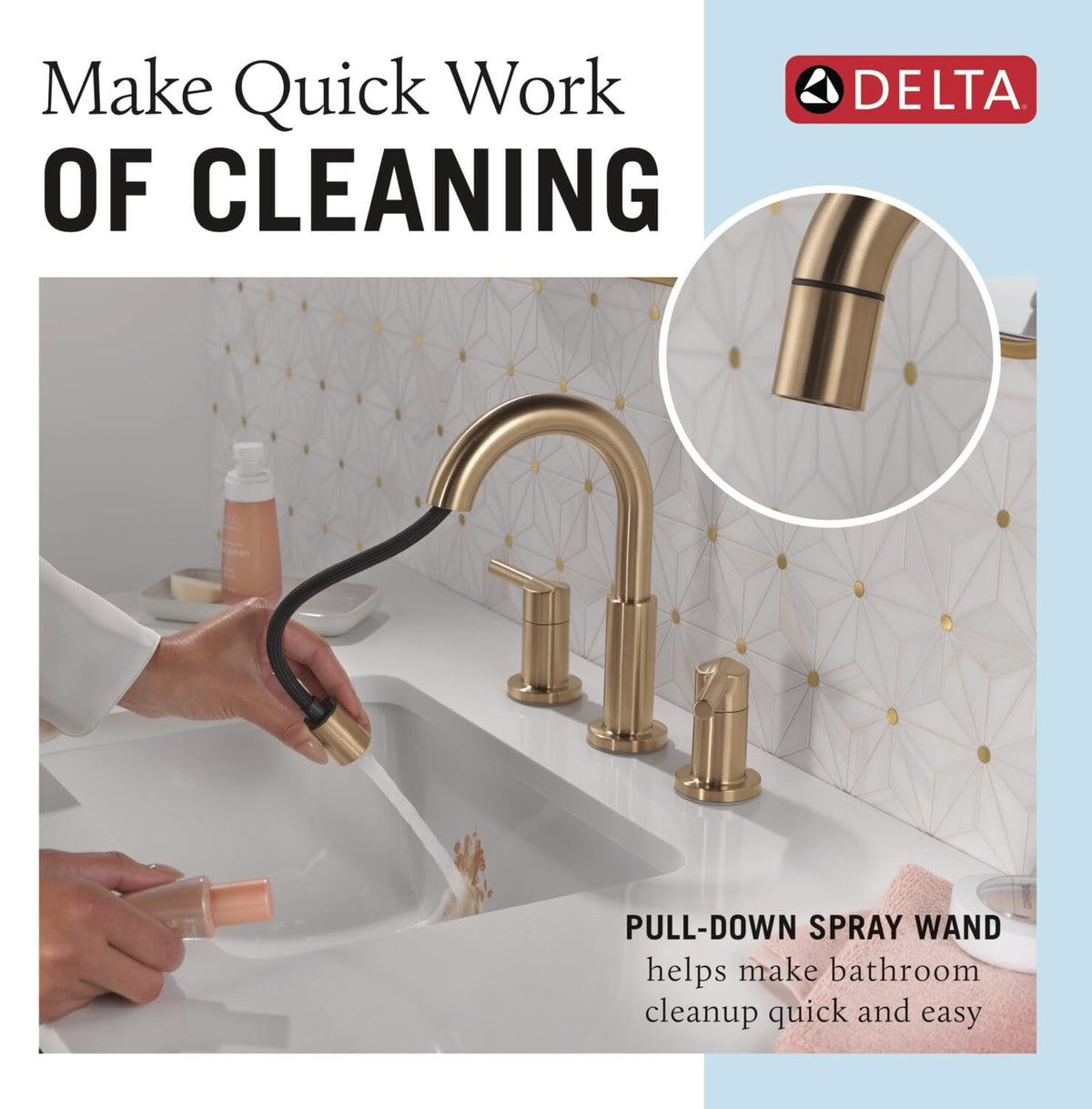 Delta Nicoli brushed gold faucet spout close-up highlights clean lines.