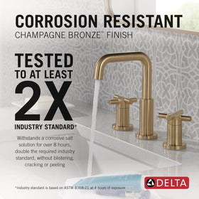 Delta Nicoli brushed-gold bathroom vanity setup showcasing style and fit.