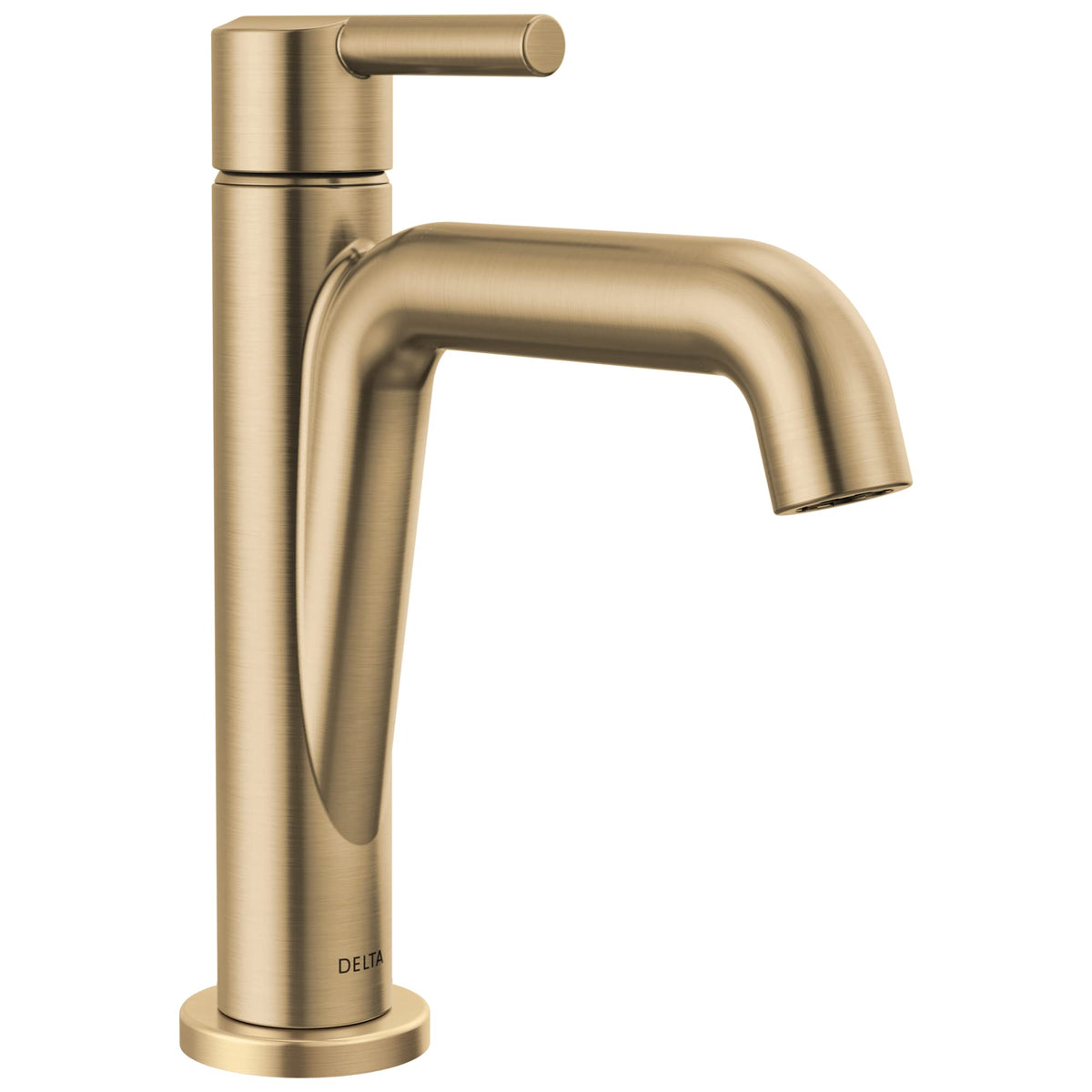 Delta Nicoli brushed gold faucet with 1-hole design for a compact modern bath.
