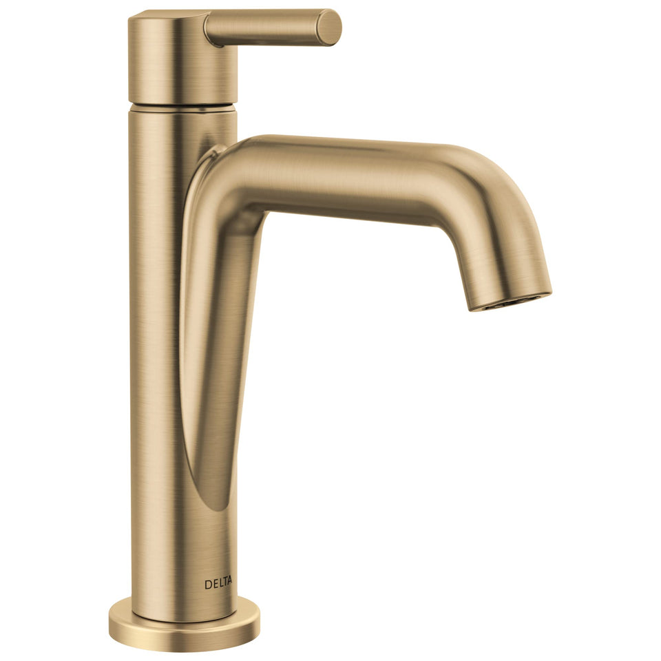 Delta Nicoli brushed gold faucet with 1-hole design for a compact modern bath.
