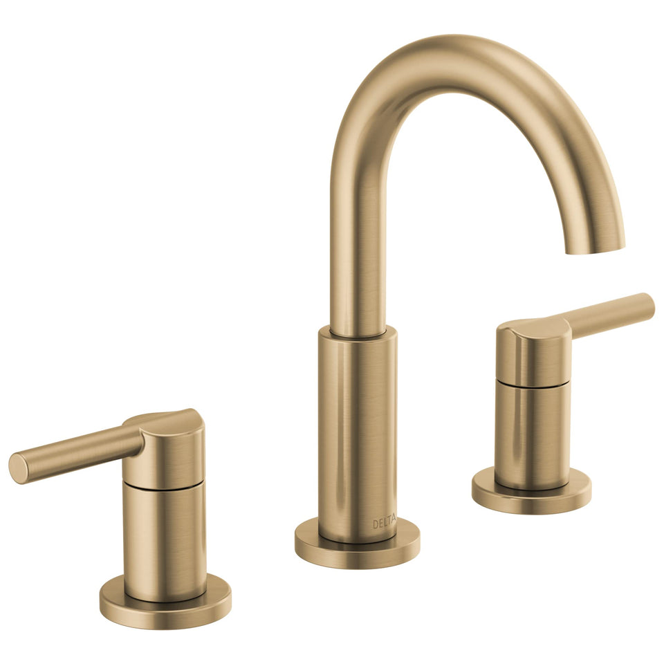 DELTA Nicoli brushed gold faucet with 8-inch spread for a modern bathroom.