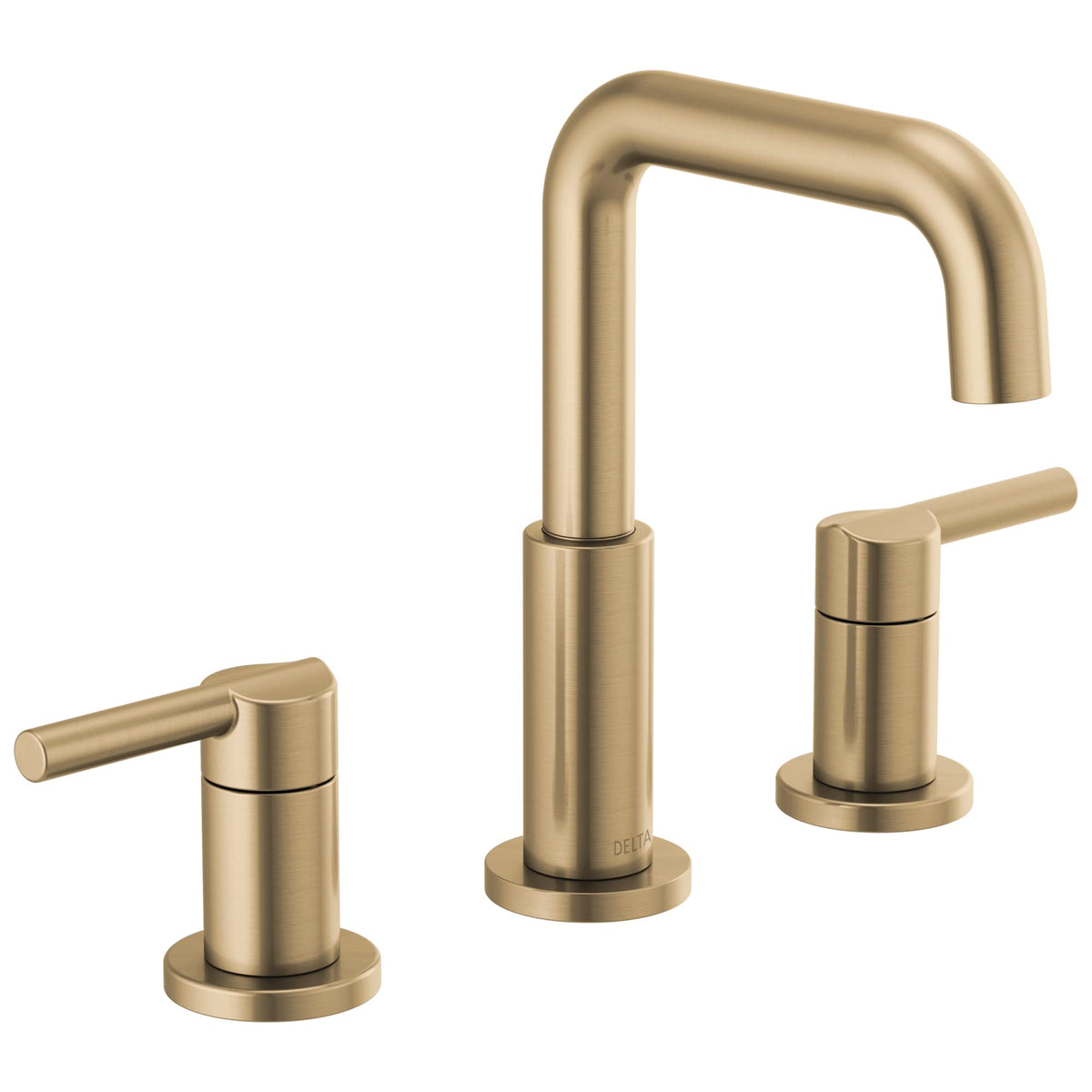 Delta Nicoli Brushed Gold faucet front view shows modern design and durability