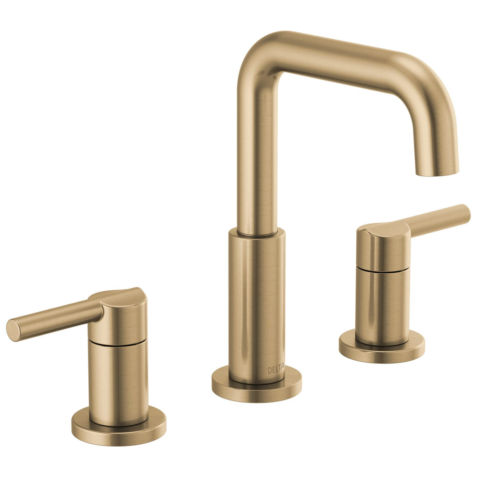Delta Nicoli Brushed Gold faucet front view shows modern design and durability