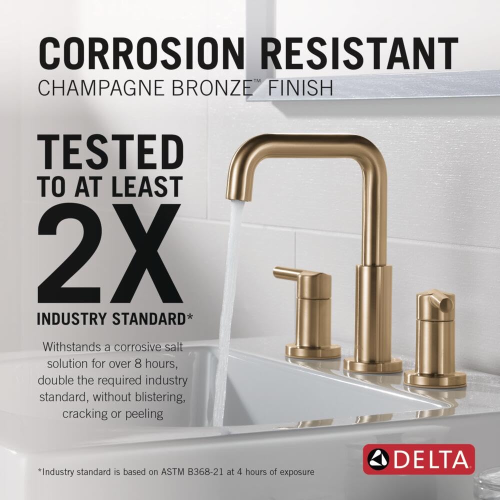 Delta Nicoli Brushed Gold faucet side view highlights sleek profile and compact footprint