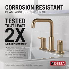 Delta Nicoli Brushed Gold faucet side view highlights sleek profile and compact footprint