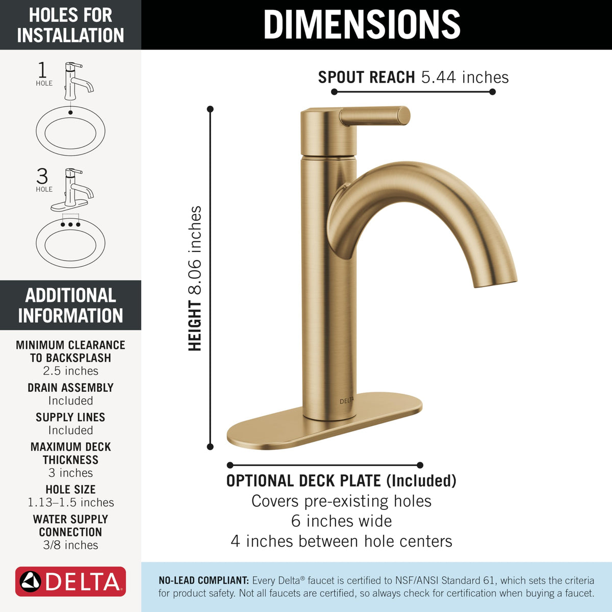 Delta Nicoli brushed gold push-pop drain for easy cleaning.
