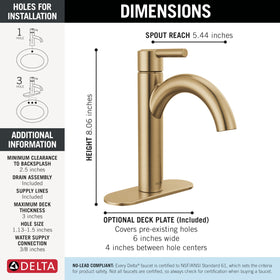 Delta Nicoli brushed gold push-pop drain for easy cleaning.