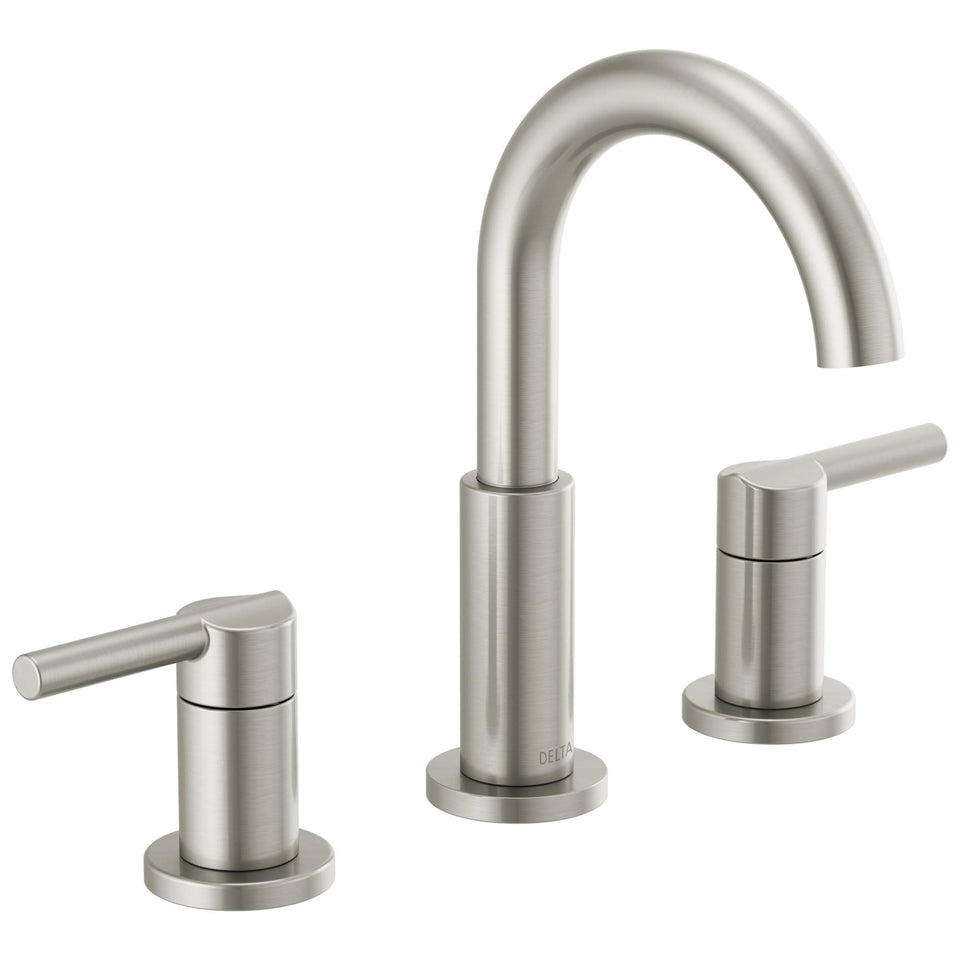 Delta Nicoli brushed nickel faucet front view, durable finish