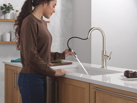 Delta Nicoli brushed nickel finish enhances modern kitchens with durable corrosion resistance