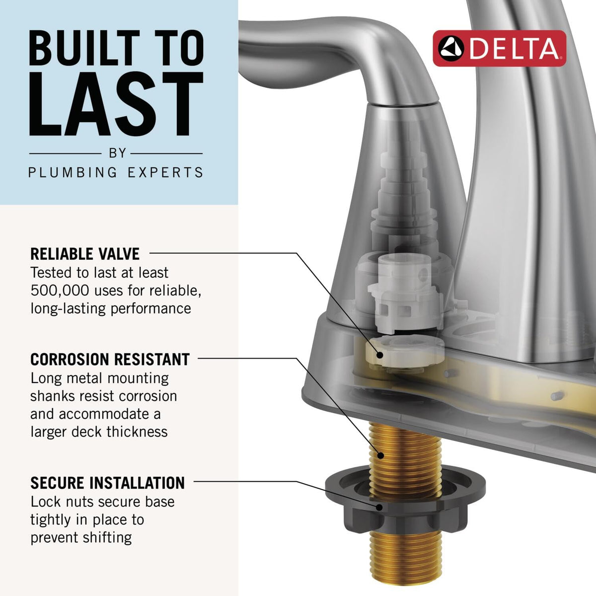 Delta Nicoli brushed gold faucet push-pop drain enables quick, easy cleaning.