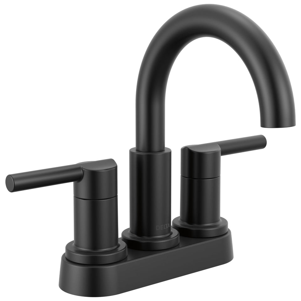 Delta Nicoli centerset matte black faucet on a 3-hole sink, easy fit