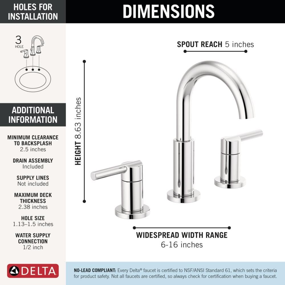Delta Nicoli chrome faucet deck-mount view shows 3-hole installation for 4- to 16-inch spreads.