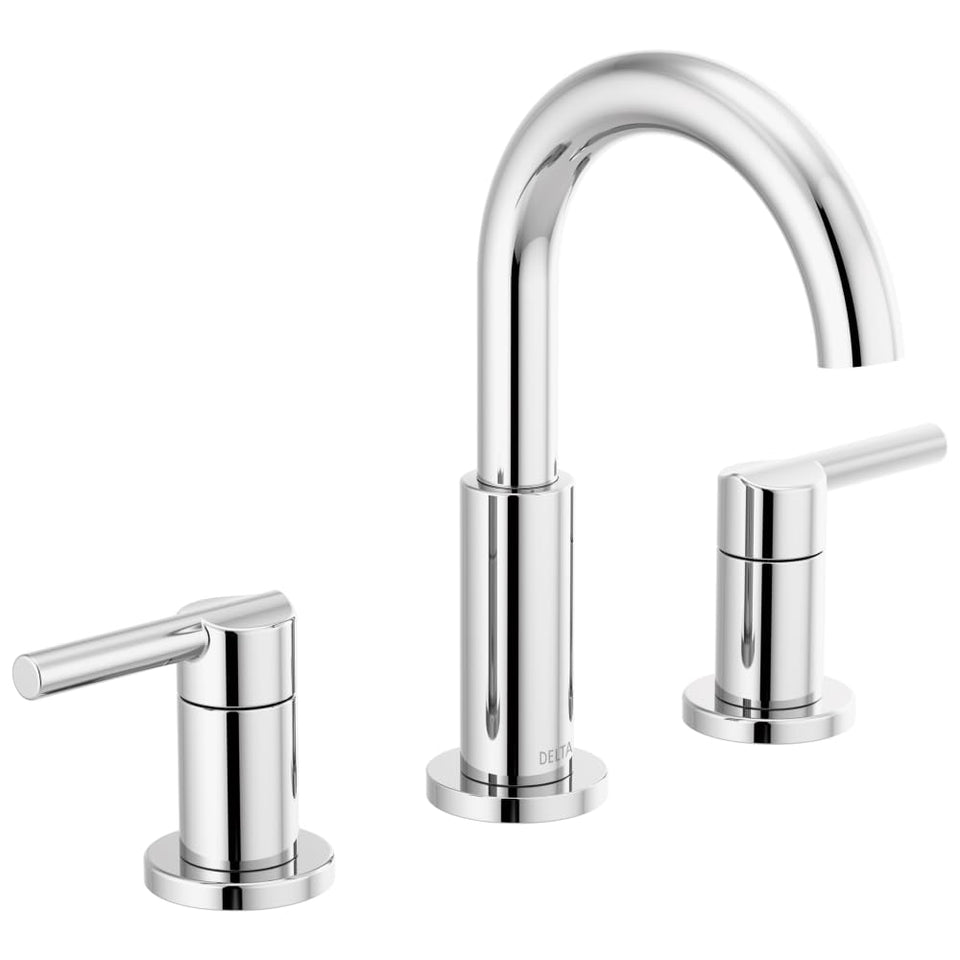 Delta Nicoli chrome faucet main view, showcasing a modern 3-hole widespread design for versatile vanity setups.