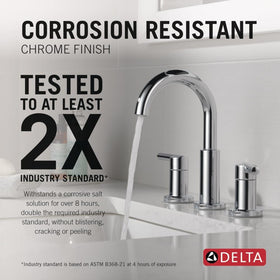 Delta Nicoli chrome faucet side profile highlights clean lines and a compact footprint for small bathrooms.