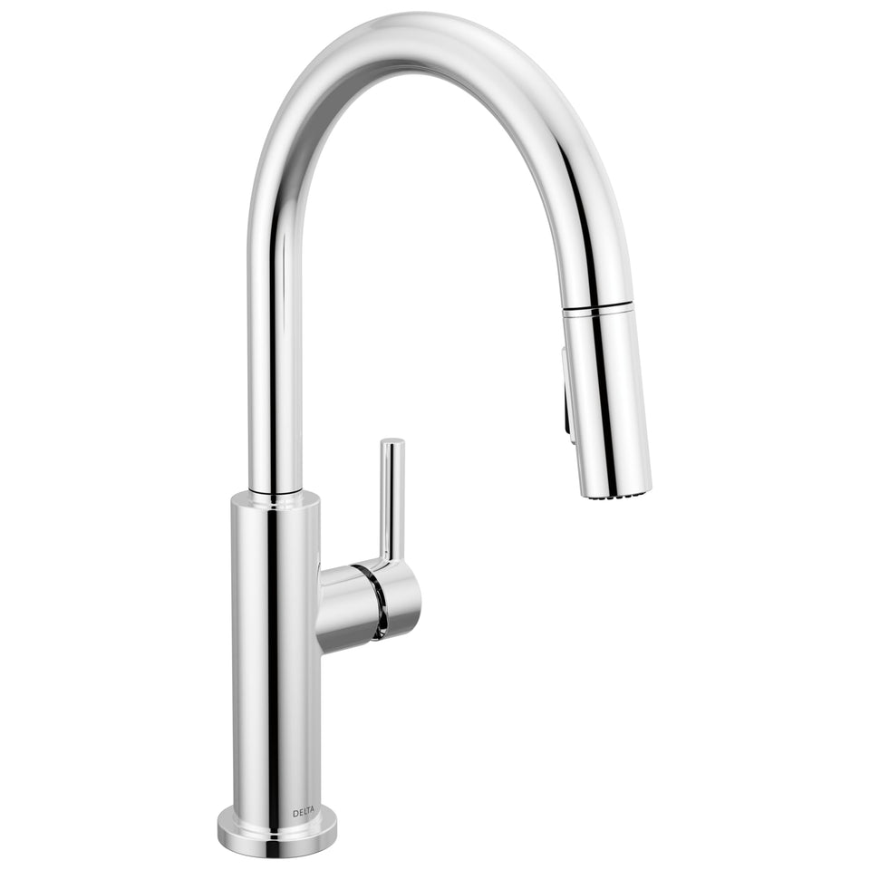 Delta Nicoli chrome kitchen faucet with pull-down spray for versatile cleaning