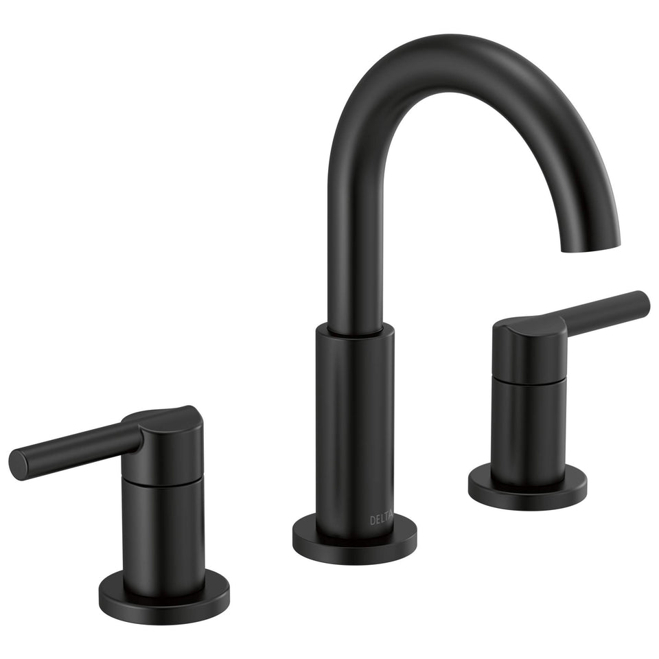 Delta Nicoli matte black bathroom faucet with 3-hole spread for a sleek, easy installation.